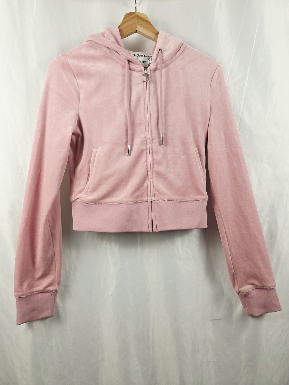 Juicy Couture Classic Pink Velour Zip Hoodie Drawstring Hood Pockets Size XS
